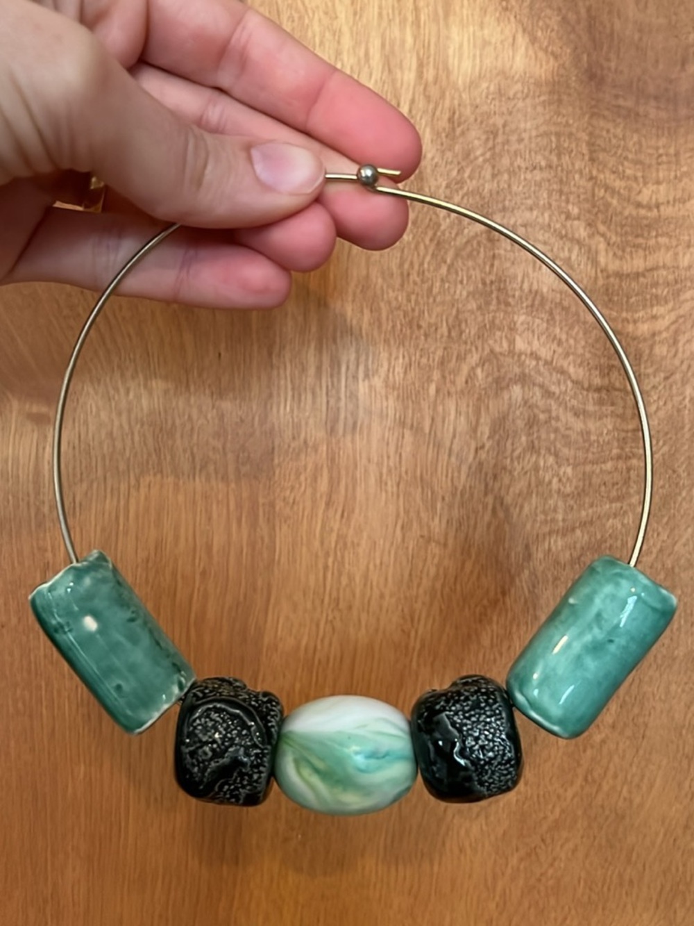 Chunky ceramic bead choker necklace, unique, hand-painted green and blue beads